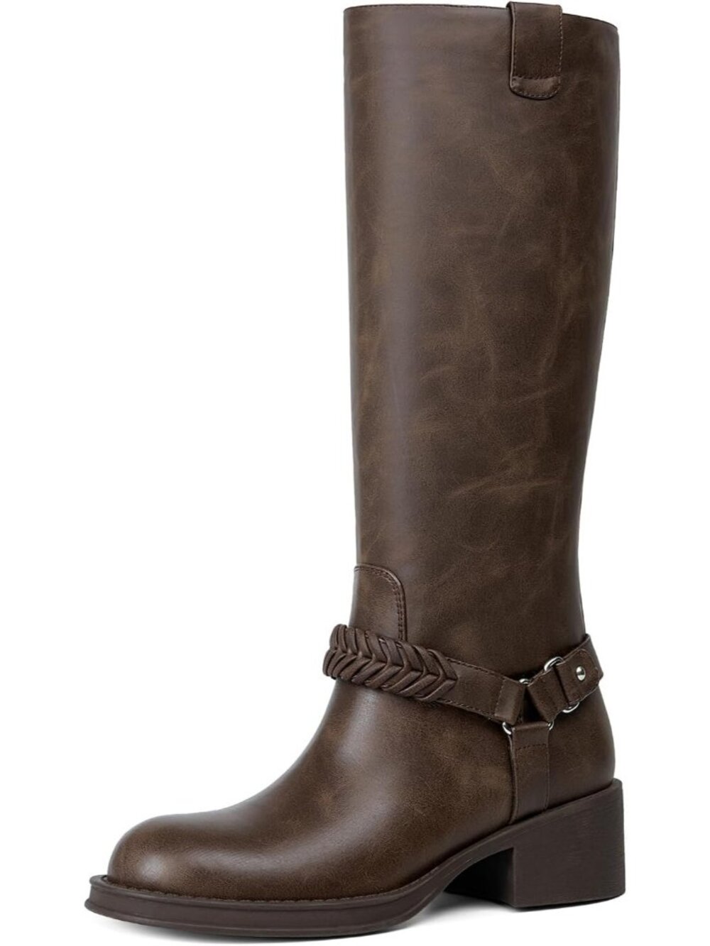 Women's Brown Braided Vintage Round Toe Pull On Chunky Block Heel Knee High Boot